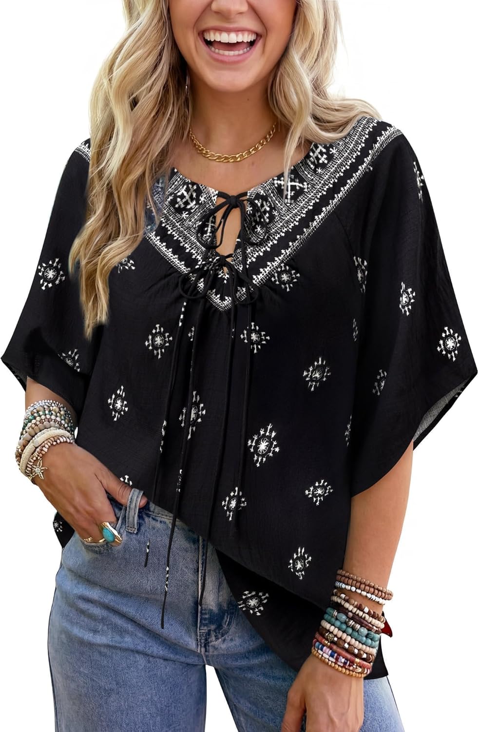 Vivilli Womens Boho Summer Tops 2026 Casual Floral V Neck Short Sleeve Blouses Tie Front Flowy Shirts Beach Vacation Clothes