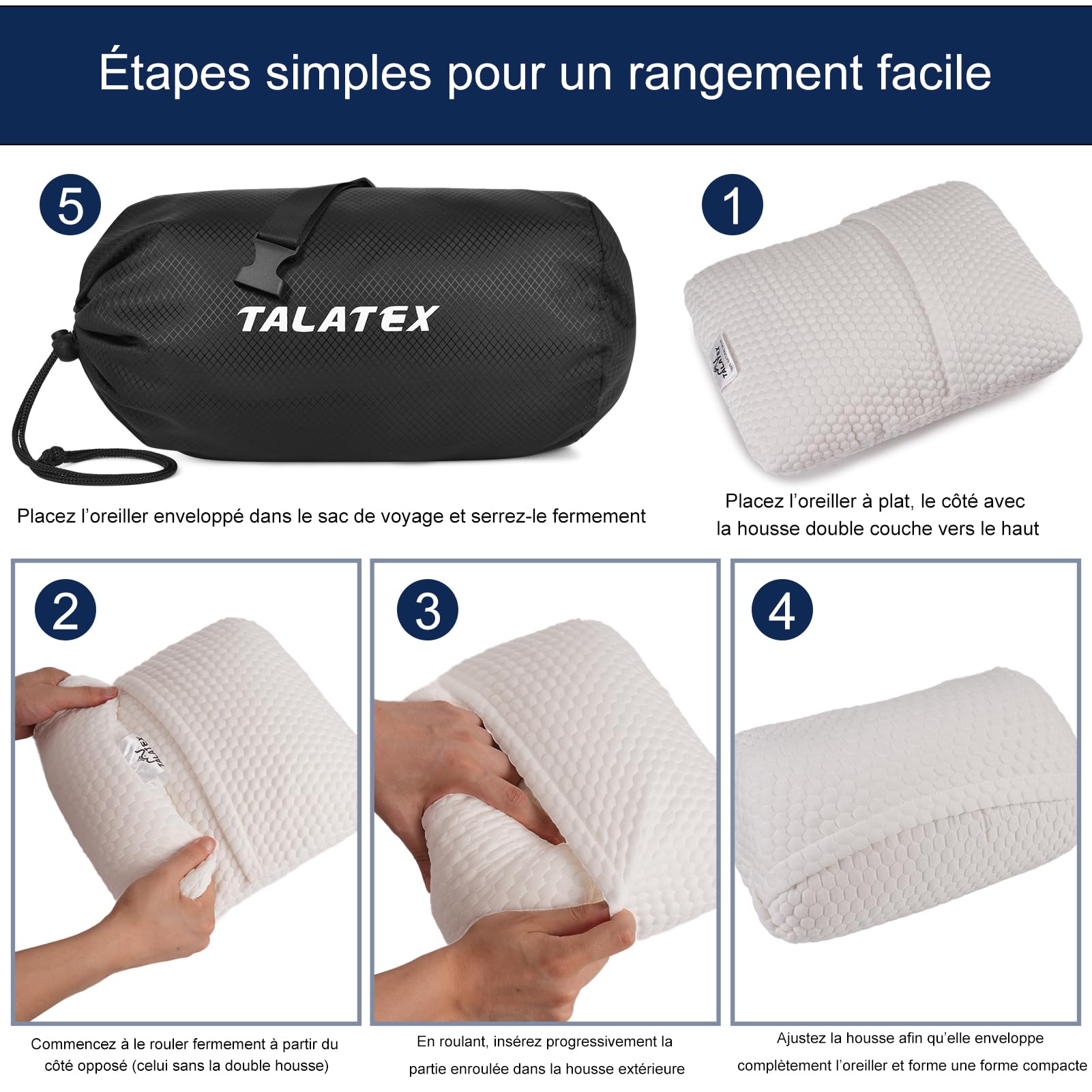 Talatex Oreiller de Voyage et Oreiller de Camping, 100% Latex Naturel Premium, léger et Facile à Transporter, avec Sac de Compression et Housse Amovible Lavable (40 * 30 * 15cm, Doux)