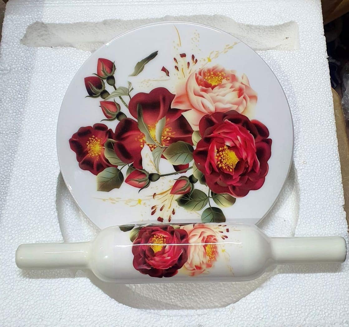 WAM Handicraft Printed Design Handicrafts Marble chakla Belan Set (Wooden Belan) / Rolling Pin and Marble Board/Roti Maker Set of 1