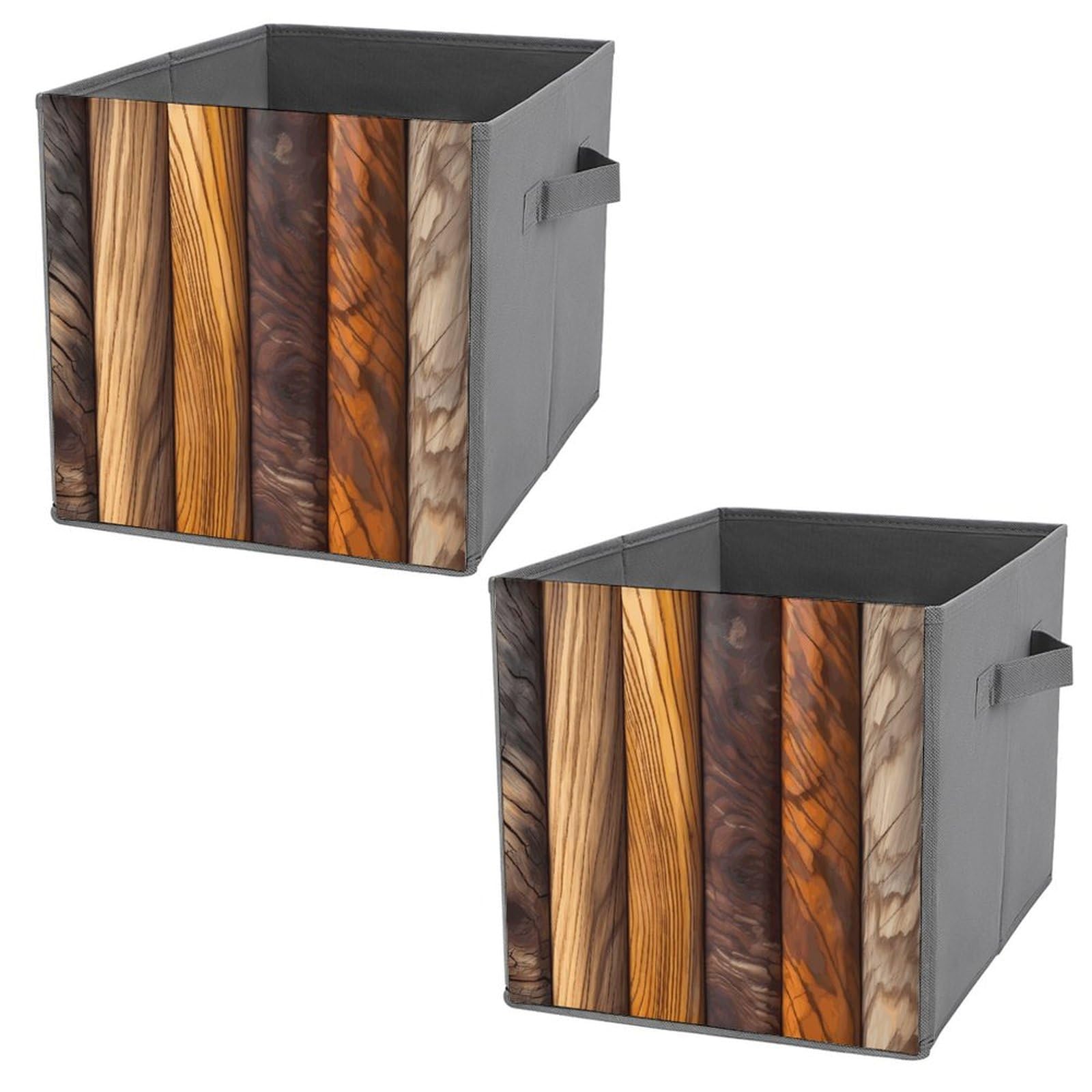 Bacs de rangement pliables motif bois avec poignées cuir pour textile et livres