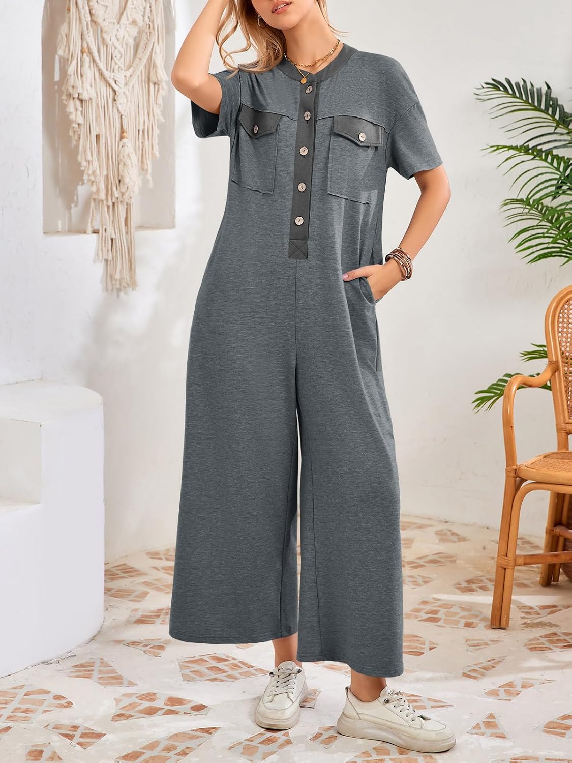 Fisoew Womens Casual Loose Jumpsuits Short Sleeve V-Neck Button Down One Piece Outfits Wide Leg Summer Long Pant Rompers - Image 5