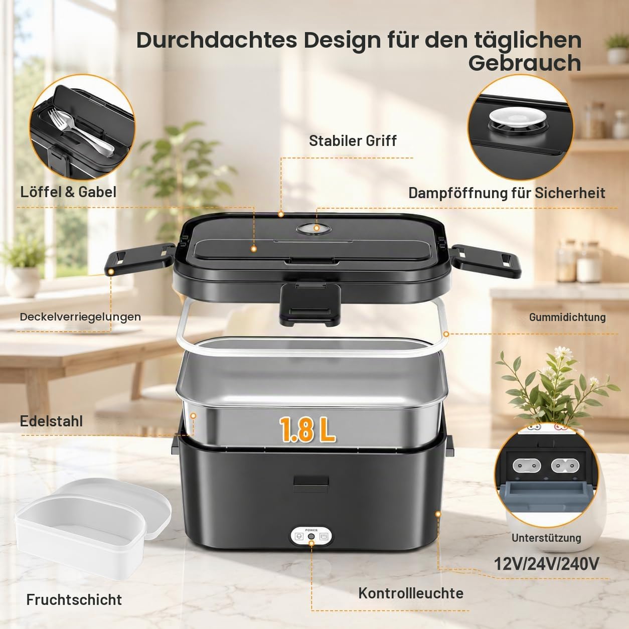 Elektrische Lunchbox 120W 1,8L 12V/24V/230V für Auto/LKW/Büro Auslaufsicher | Herausnehmbarer Edelstahl-Innenbehälter, Leicht zu Reinigen, Inklusive Gabel & Löffel, 0,45L Obstbox, Tragbar für Unterwegs
