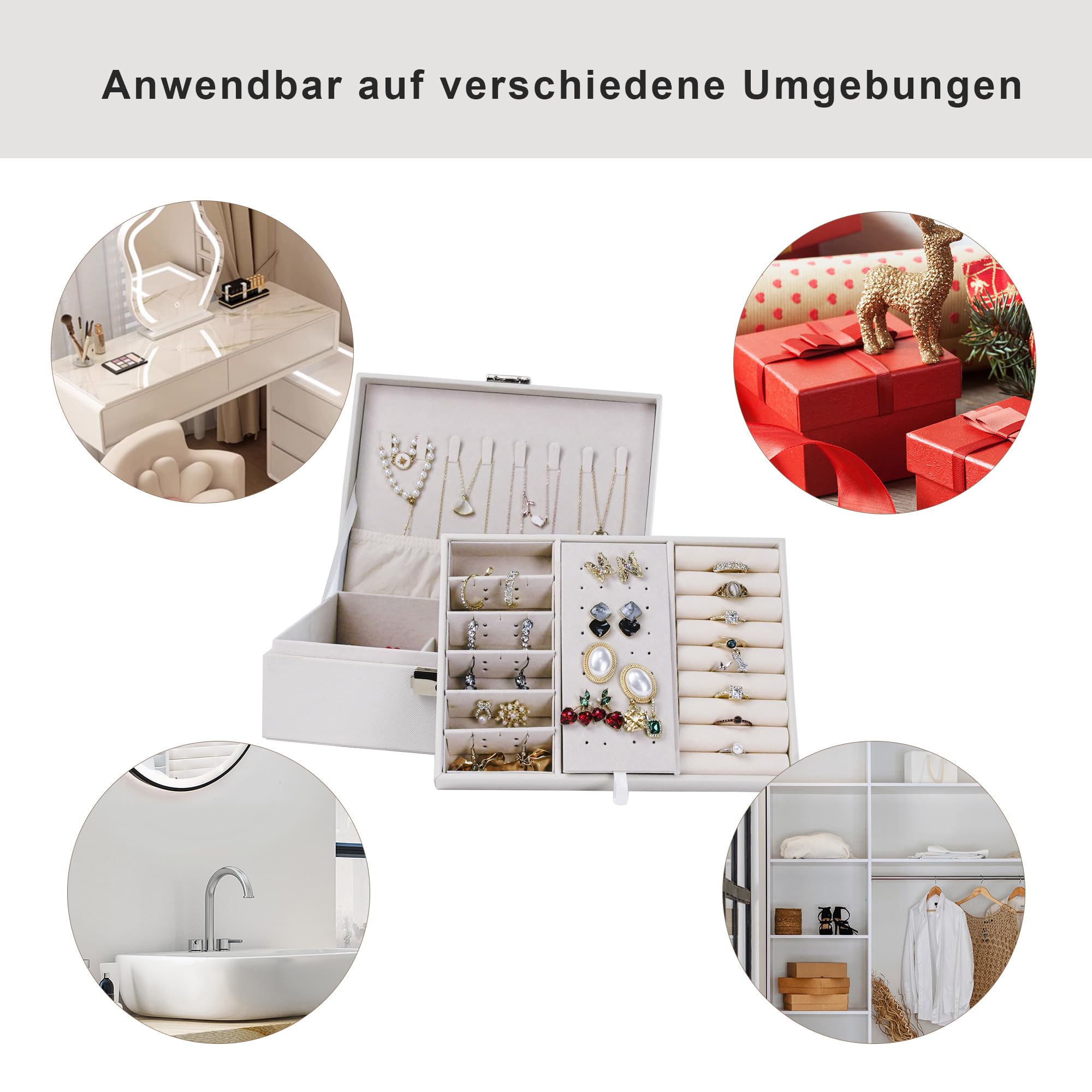 ADEL DREAM Portagioie da Donna, Portagioie Rettangolare da Viaggio Piccolo, Portagioie per Anelli, Orecchini, Collana, Bianco