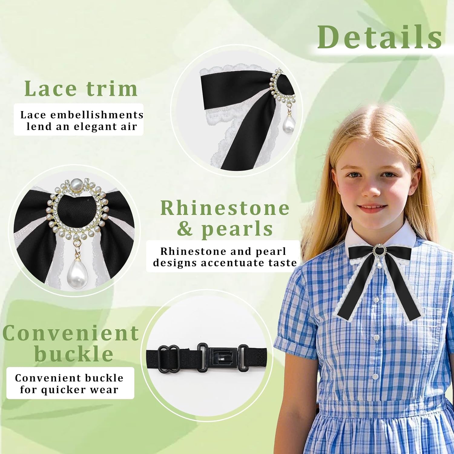 Pearl Bow Tie for Women Girl, Pre-tied Womens Tie with Lace, Women's Necktie for Uniform Shirt Suit School Party