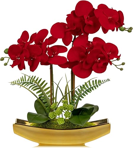 Miniatura 13 de Briful Orchids Flores artificiales de 15 pulgadas, orquídea Phalaenopsis blanca con macetas plateadas, planta de orquídea sintética de tacto real