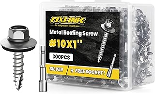 Metal Roofing Screws #10 × 1", 300 PCS, FIXLINK RUSPERT Hex Head Rubber Washer Sheet Metal Roof Screws Self Tapping Metal to Wood Siding Screws, Hex Socket Included, Silver