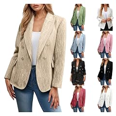 JiXiang Double Breasted Blazer Women Business Casual Long Sleeve Open Front Work Suits Office Tweed Lapels Blazer Jackets
