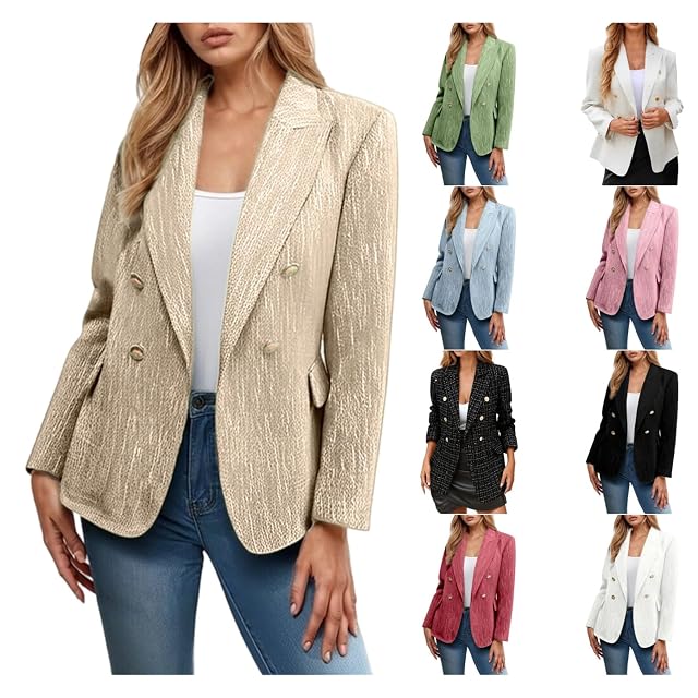 JiXiang Double Breasted Blazer Women Business Casual Long Sleeve Open Front Work Suits Office Tweed Lapels Blazer Jackets