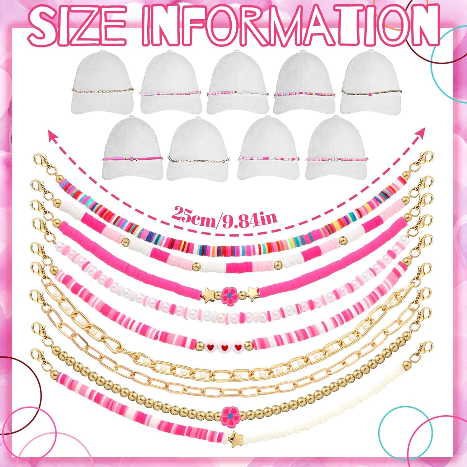 Geyoga 9 Pcs Trucker Hat Chains Trucker Hat Charms Women Man Bill Decoration Detachable DIY Metal Chain for Mesh Baseball Cap(Bright Pink,Bead Style) - Image 4