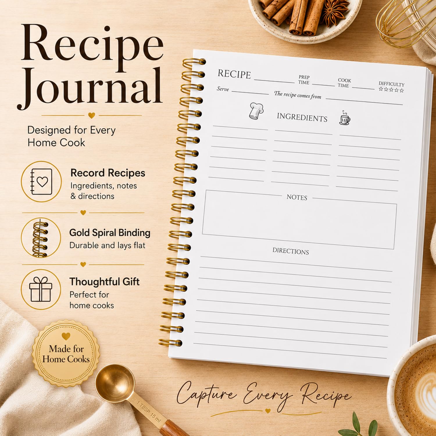 Cuaderno de recetas de repostería en espiral para mujer, diario de pan y postre, organizador de recetas de panadería rústica, cuaderno de tapa dura, regalo para panaderos, madres, cocineros