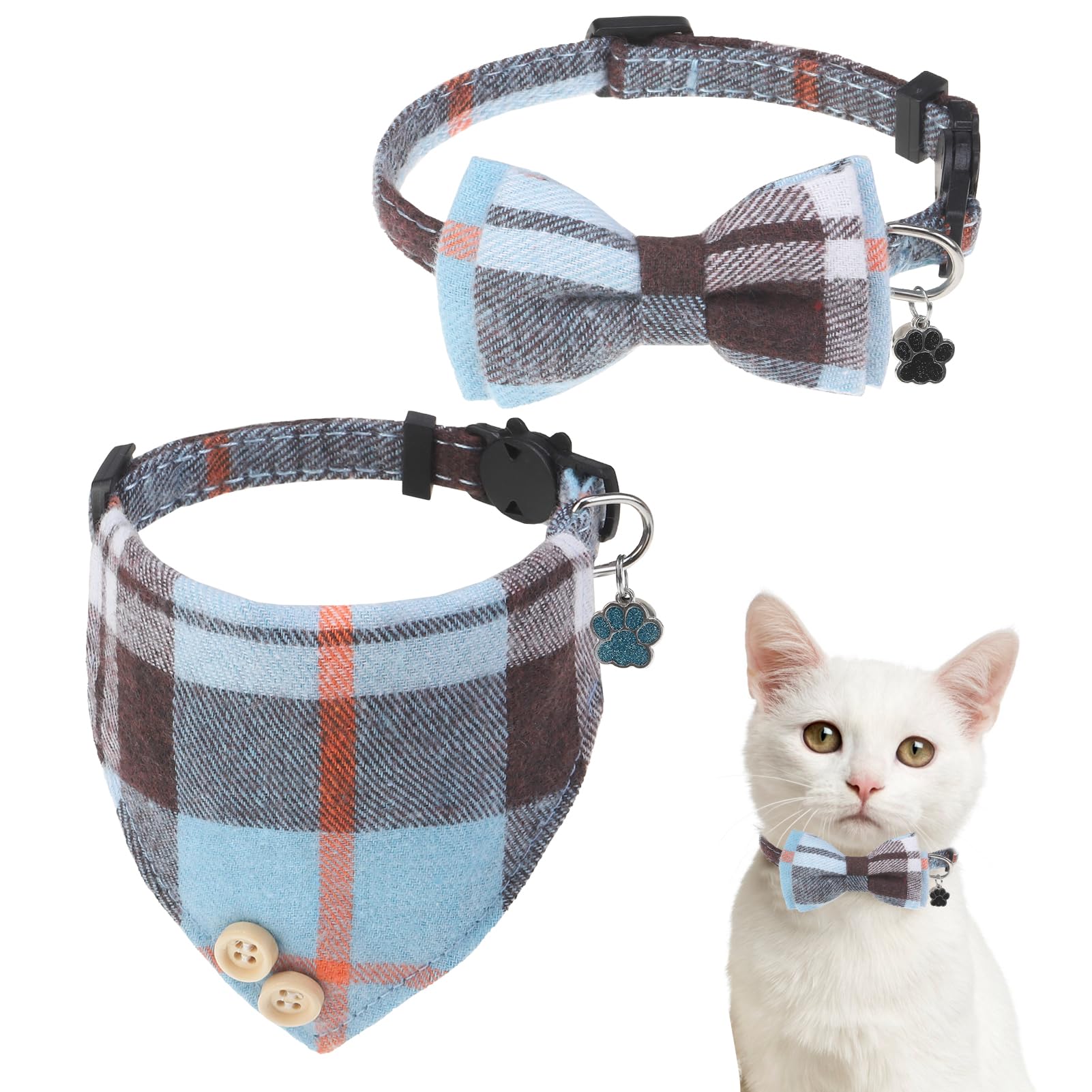 SCENEREAL Plaid Cat Collar with Bow Bandana - 2 Pack Breakaway Kitten Collar with Removable Bowtie Bell, Adjustable Cute Cat Collar for Cats Kittens with Paw Print Pendant, Blue