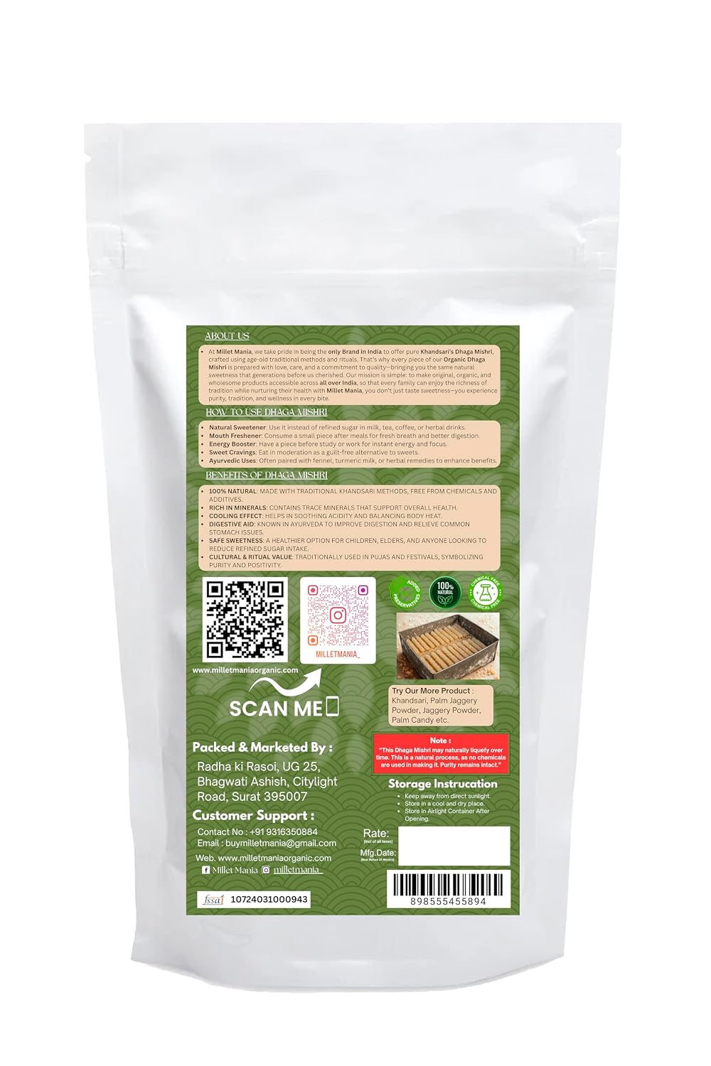 Millet Mania Dhaga Mishri Rock Candy Sugar Crystals – Pure Cane Rock Sugar for Tea & Coffee | Natural Crystal Sugar Sweetener | Organic Sugar | Vegan Raw Cane Sugar (14 ounce) image 2