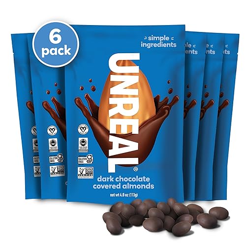 UNREAL Almendras de chocolate negro - Certificado vegano, sin gluten, comercio justo, sin OMG, sin alcoholes de azúcar o soja (6 bolsas)