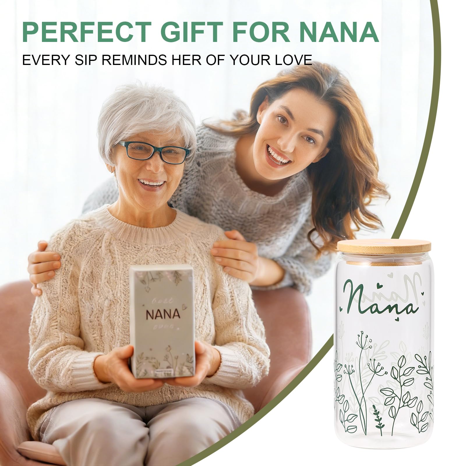 Gifts for Nana-Bow Glass Cup Nana Gift Cute Iced Coffee Cup with Lids and Straws for Grandma Birthday Gifts Mother day Grandmother Presents Stuff from Granddaughter Grandson Grandkids 16OZ