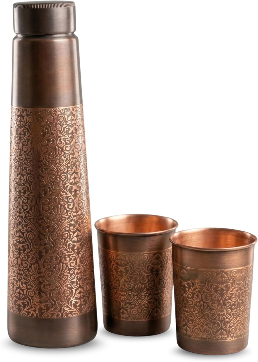 Pure Copper Water Bottle Set – 34 oz Extra Large Hammered Engraved Bottle with 2 Tumblers | Handcrafted Leak-Proof Wide Mouth Vessel for Drinking | BPA-Free, Reusable