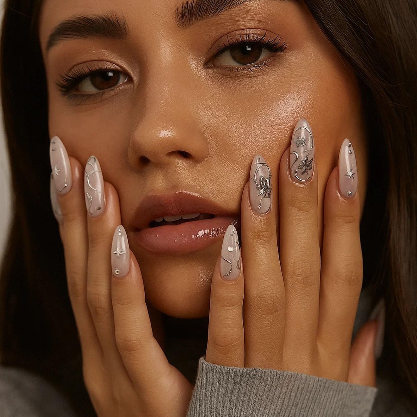 Glossy Elongated Stiletto False Nails With Intricate Silver Detailing And Sparkling Rhinestones - Image 3