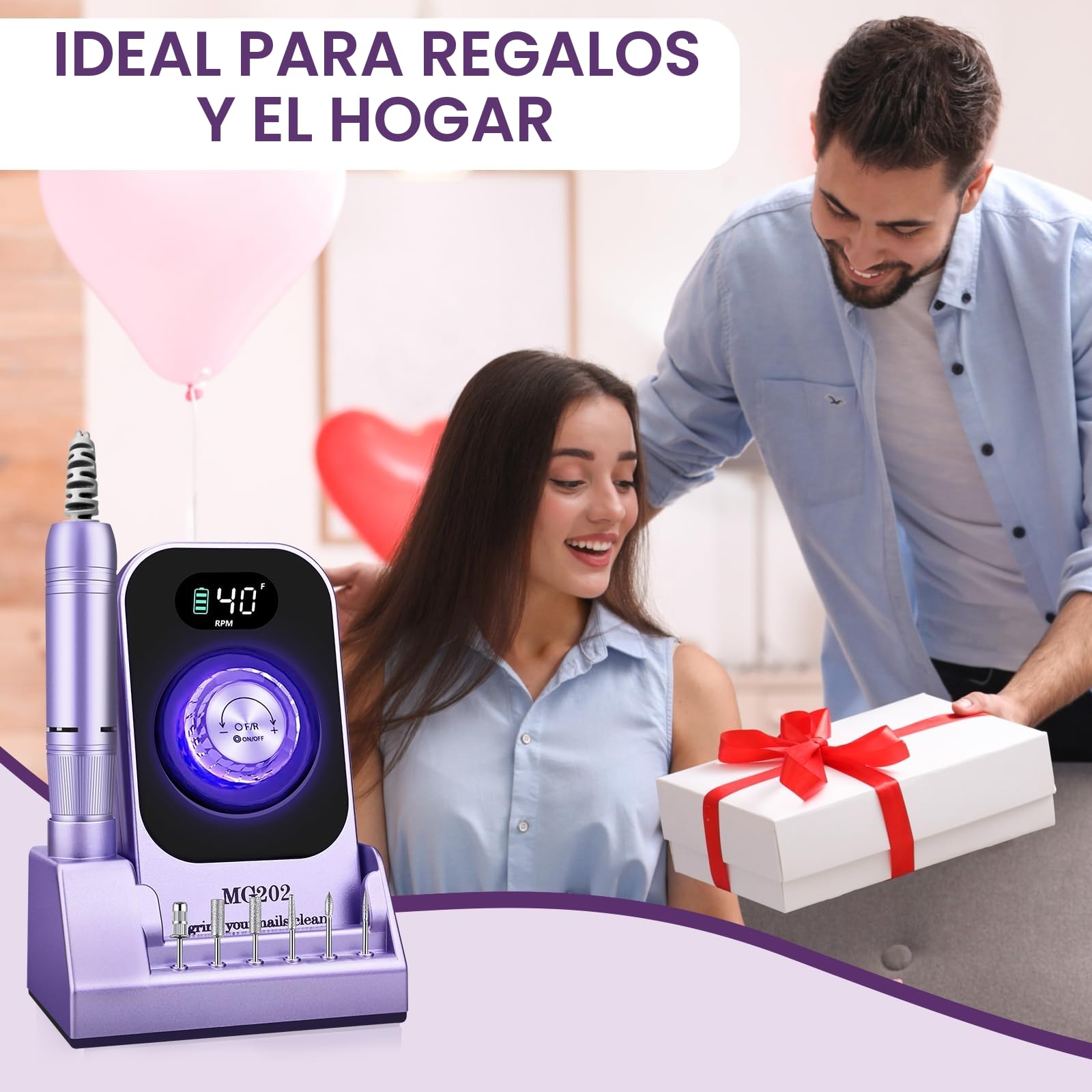 Taladro de uñas profesional 40000 RPM, Urbuti 12 en 1 Lima de uñas eléctrica 4000 mAh con pantalla LCD, velocidad ajustable, silencioso, taladro de manicura portátil para salón/hogar (púrpura)