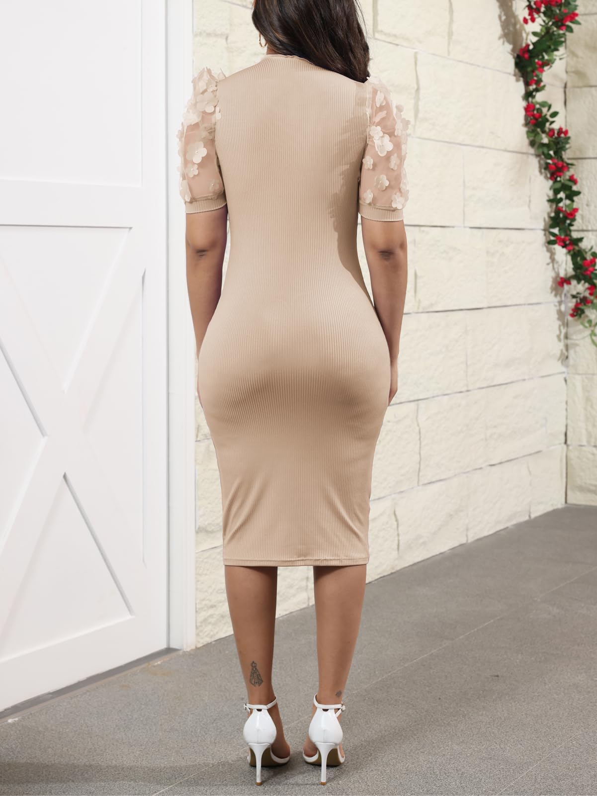 Fastkoala Elegante vestido ajustado acanalado de encaje de manga corta para mujer, vestido midi con cuello alto, vestido de fiesta de discoteca