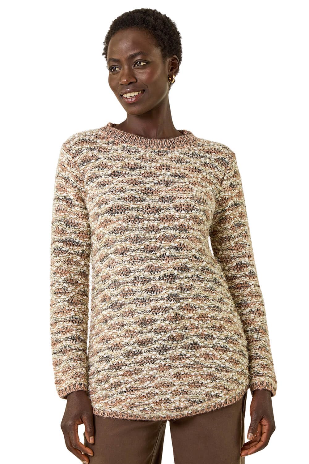 Roman Women's Beige Metallic Curved Hem Knit Jumper In | Size: 12