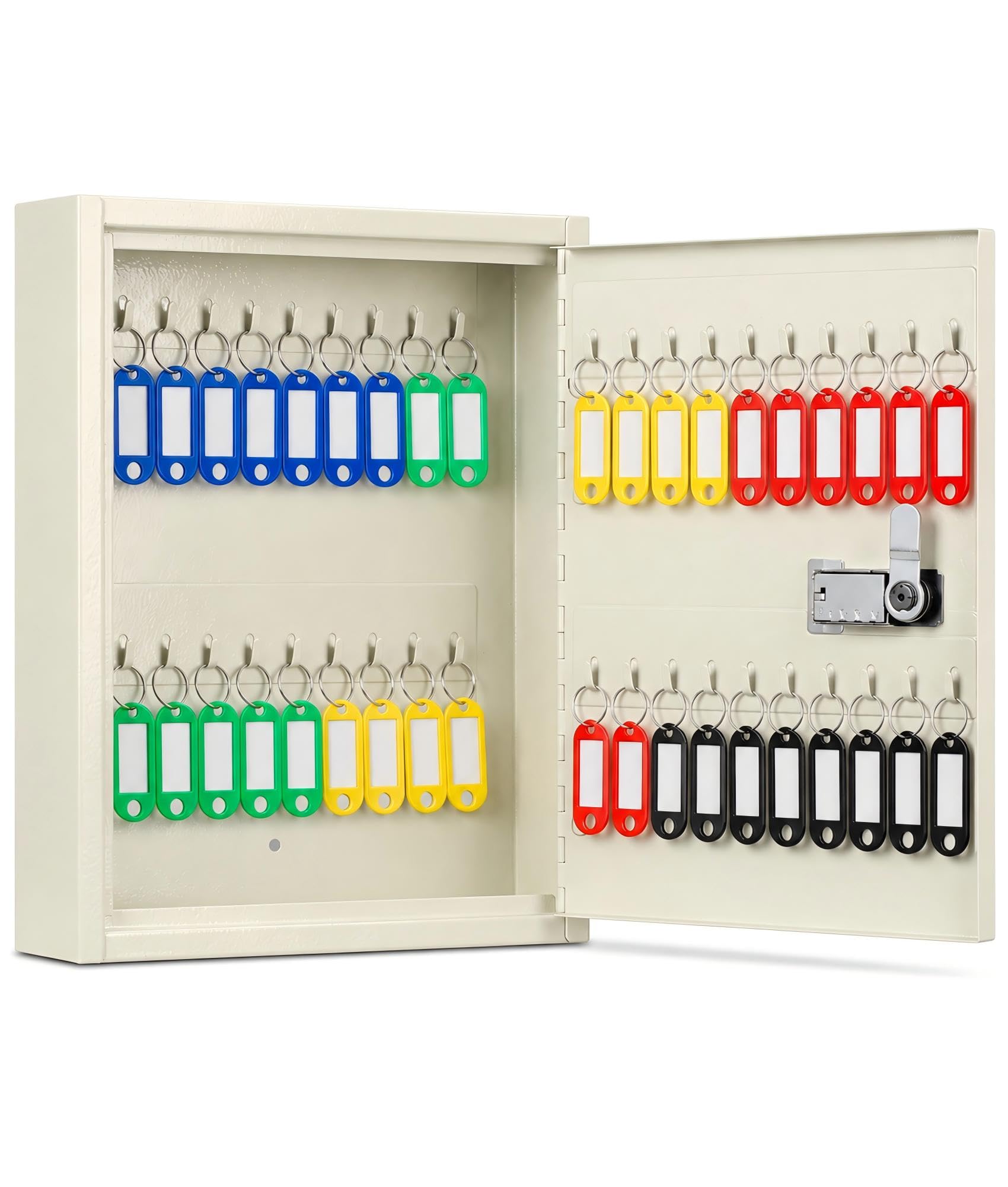 kyodoled key cabinet, locking key storage box with code, wall mount combination lock, 40 key hooks & tags, white, 12.1" x 8.1" x 2.5"