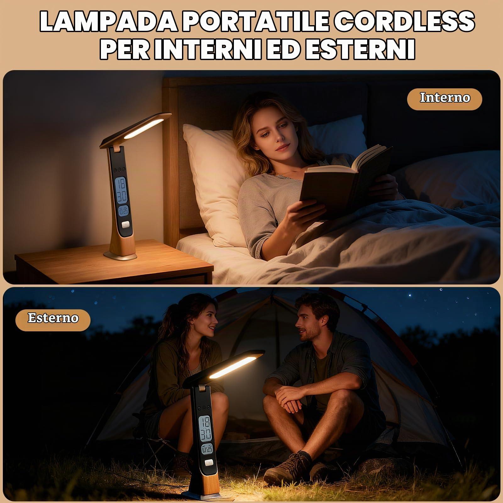 Lampada da Scrivania LED, 3 Colori, Ricaricabile 1800mAh, con Orologio, Controllo Tattile, Pieghevole