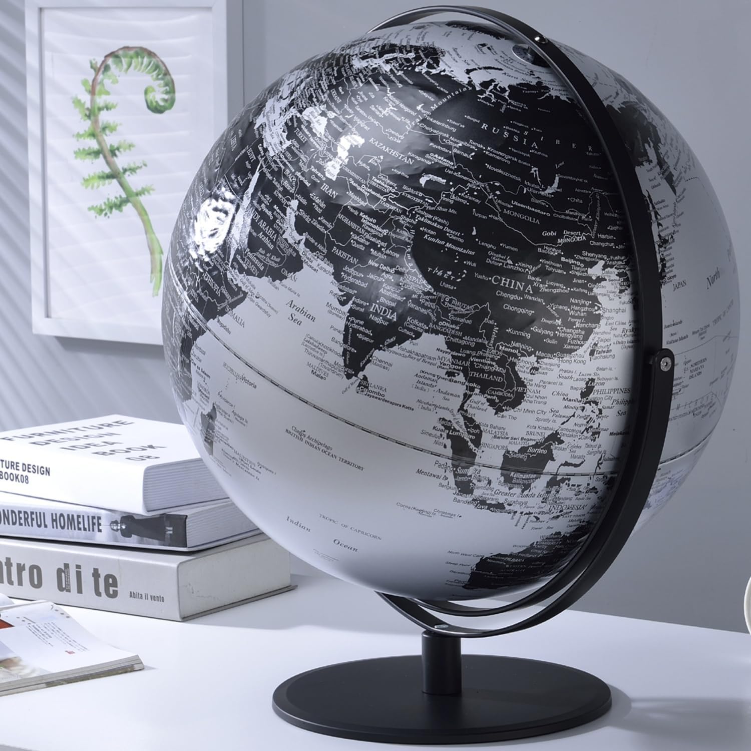 20.5" Tall-Black and Silver Globe with 3D Mountain Landscape