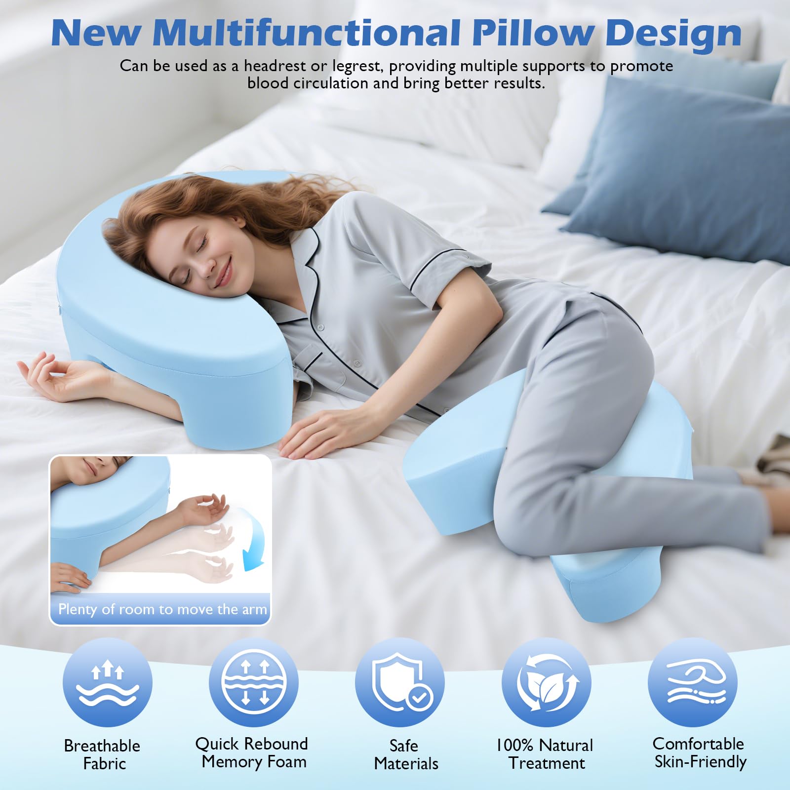 Cojín Lateral para aliviar el Dolor de Hombro, Almohada Anti Ronquidos y Apnea del Sueño, Almohada para Dormir de Lado con 4 Agujeros para Brazos, Almohada Ergonómica para Cervical y Hombros