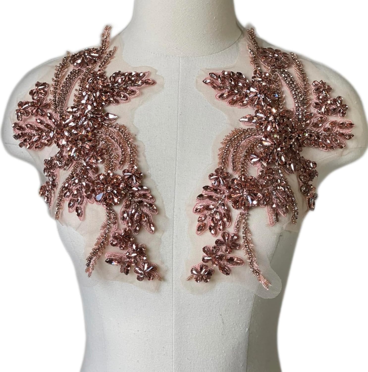 1 Pair of Handmade Rhinestone Appliques,26.5 * 18cm Watercolor Pink Applique for Dress Wedding,Banquet Evening Gown,Photograph Shot Sewing Rhinestone Trim Patches(Watercolor Pink)