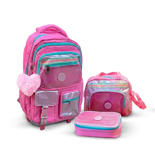 Kit Mochila Infantil de Rodinha com Lancheira e Estojo Infantil Rosa Grande Escolar Ideal para Passeios e Viagens Meninas Estilosas