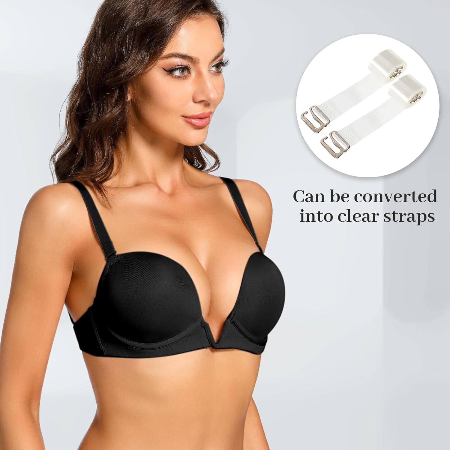 YBCG Plunge Bra with Clear Back Straps Backless Deep V Convertible Push up Padded Add 2 Cup Low Cut Underwire for Women - Image 2