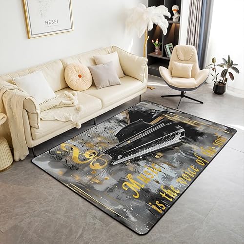Alfombra de área de música de piano, alfombra de notas musicales, para niños, niñas, niños, adolescentes, retro, graffiti, gris, dorado, para