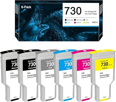 730 Ink Cartridge Set Replacement for HP 730 P2V68A P2V69A P2V70A P2V71A P2V72A P2V73A for DesignJet T1600 T1700 T2600 Printers 6-Pack, 300ml