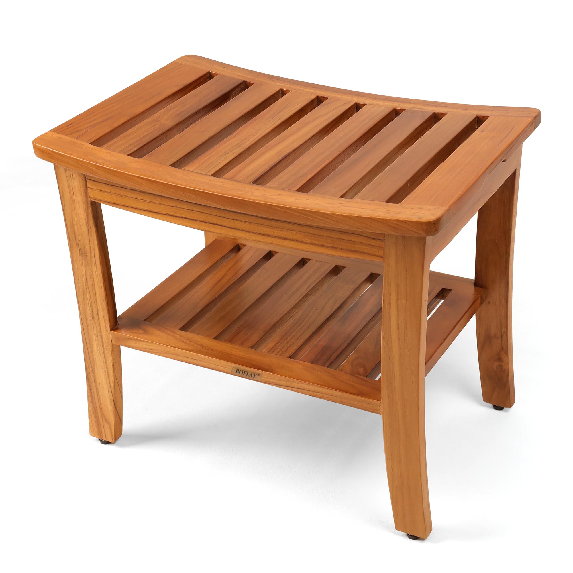 Boflay Teak Wood Shower Bench?Wooden Water-Resistant Bench with Shelf 21 Inch?Fully Assembled Spa Teak Bath Stool for Elderly?Indoor and Outdoor Use?Max 500 lbs (A.Bench)