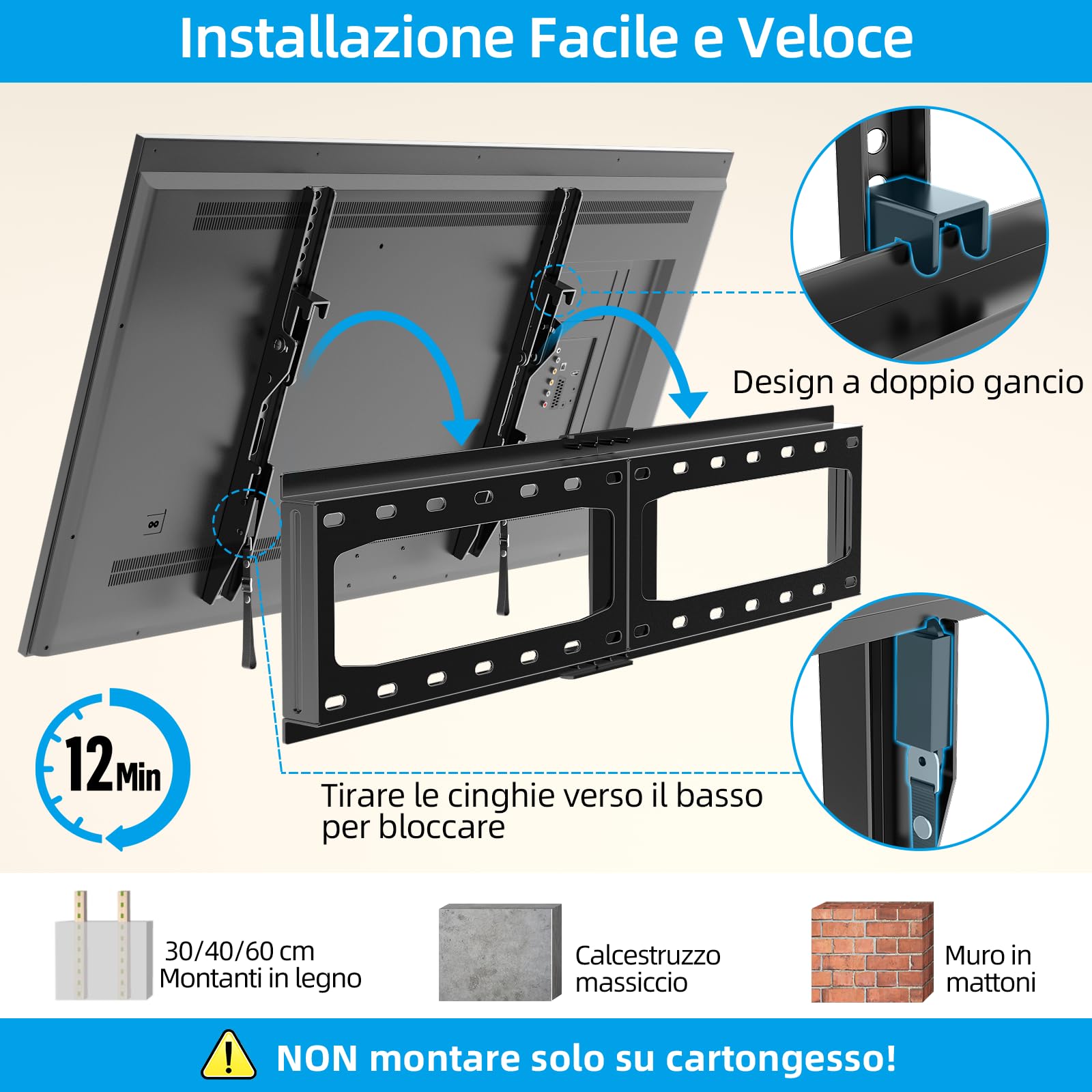 HOME VISION Supporto da parete inclinabile per TV piatto/curvo da 32-75 pollici fino a 74,8 kg, resistente supporto per TV inclinabile, grande staffa per TV a basso profilo, adatta a perno da