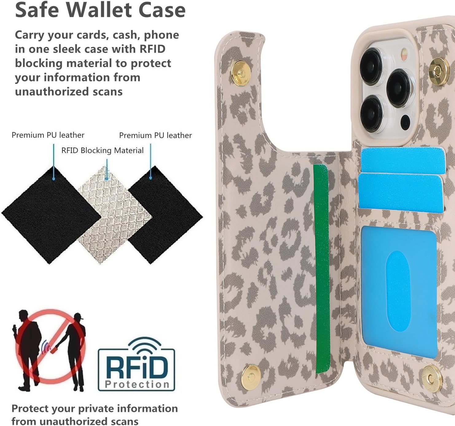 iCoverCase Compatible with iPhone 14 Pro Case with Card Holder, Wallet Case for Women Men RFID Blocking PU Leather Protective Phone Case 6.1 Inch (Beige Leopard) - Image 4