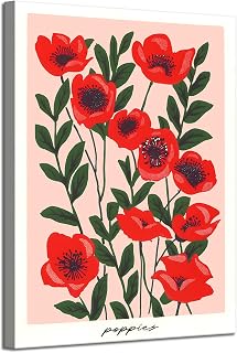 HUARTYUAL Red Poppy Canvas Wall Art Vintage Flower Wall Decor Pictures Abstract Botanical Prints Posters for Living Room Bedroom,12 x 16in