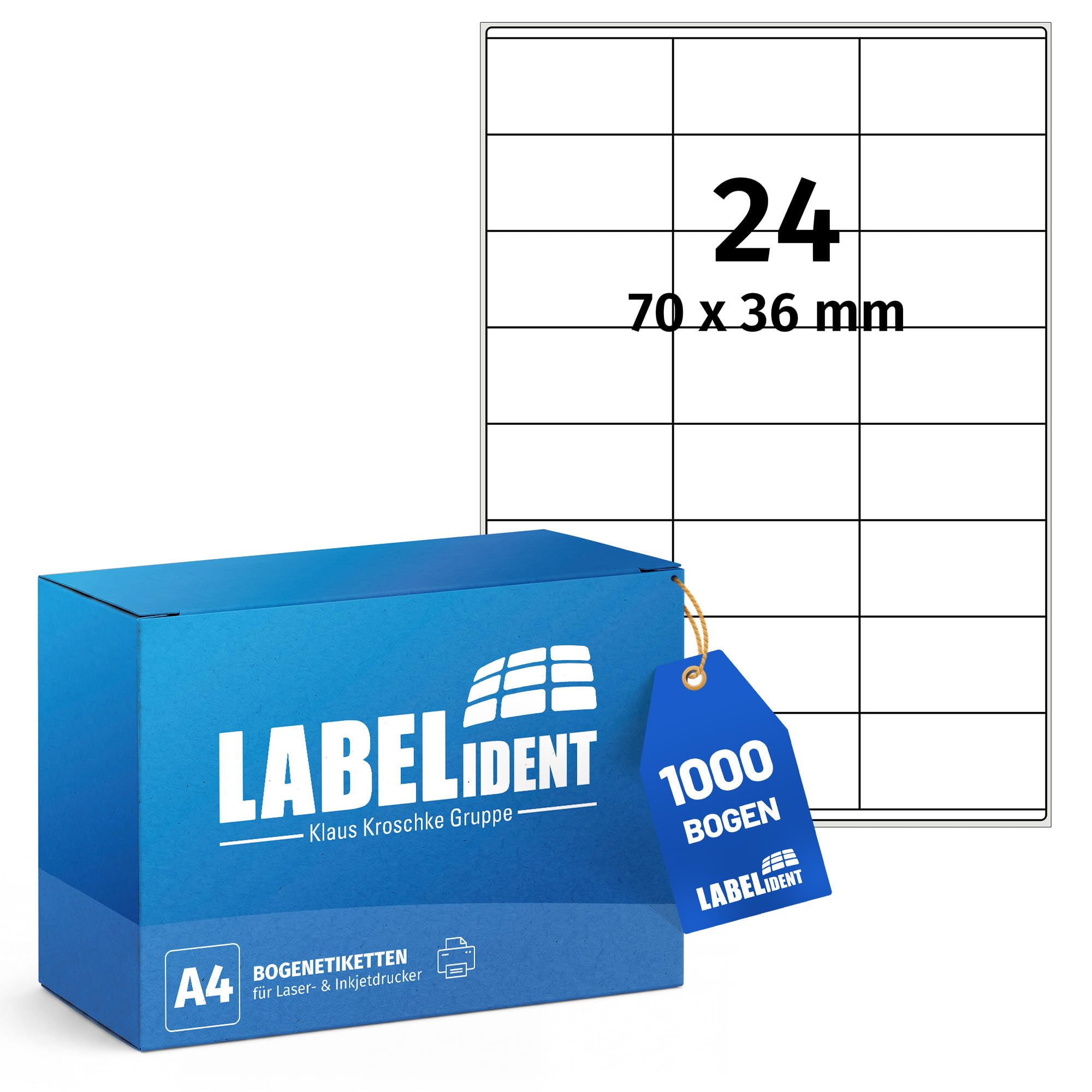 Labelident Laser-Etiketten 70 x 36 mm weiß - 24 Etiketten pro A4-Bogen - 24.000 Etiketten (1.000 DIN A4 Bögen) geeignet für Laser- & Inkjetdrucker