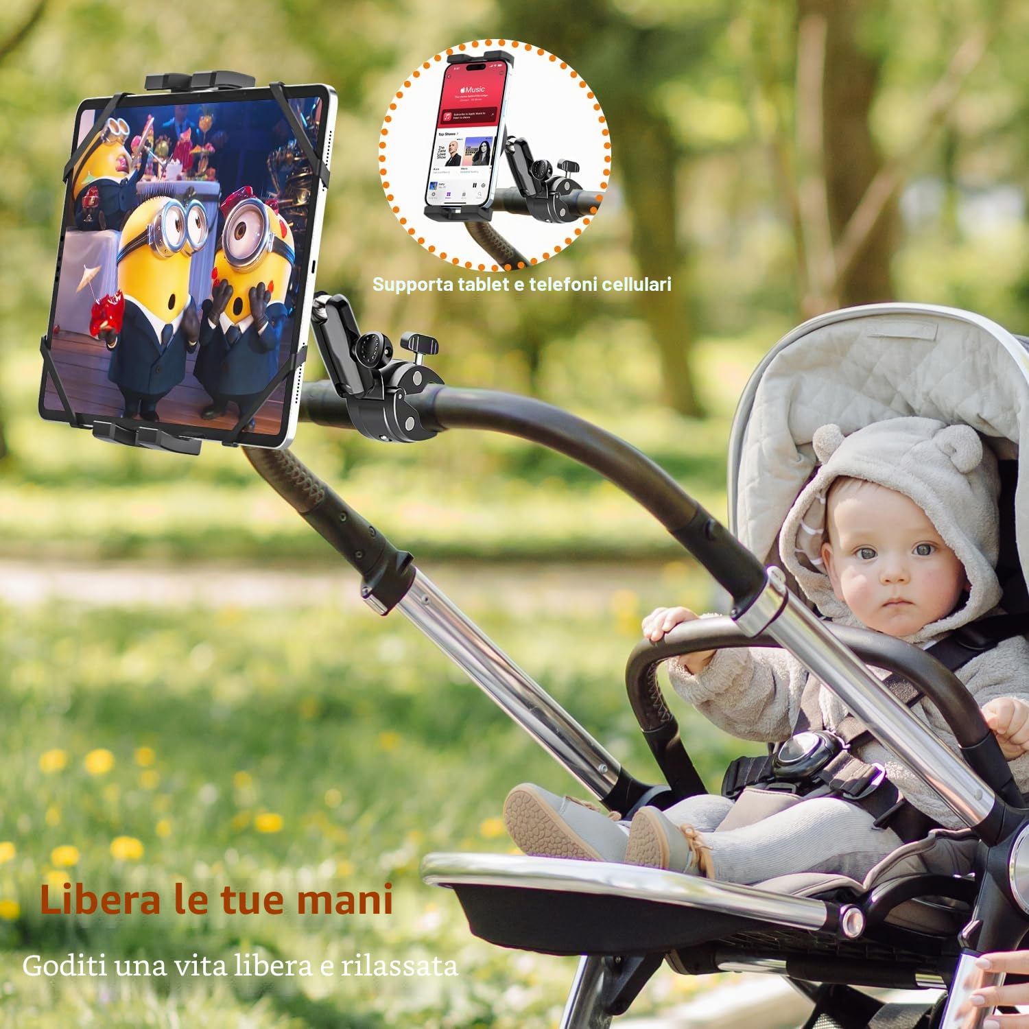 Porta Tablet Manubrio Regolabile [Forte Stabilità e Durata] Supporto Tablet per Passeggino Bicicletta Scooter Barca, Morsetto Tubo Palo Asta per iPad Mini Air Pro, Kindle, Galaxy, Cellulare, 4-13"