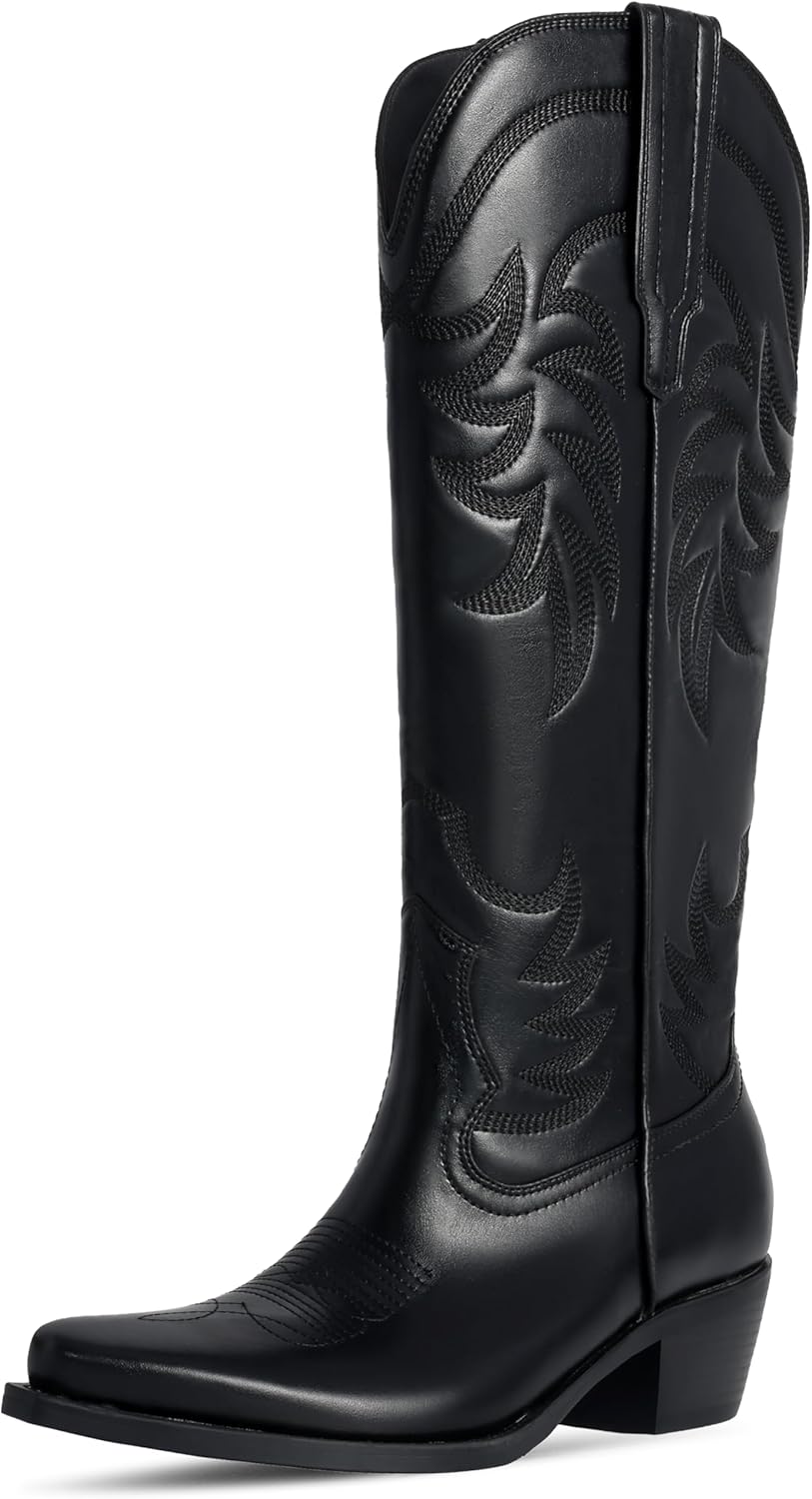 Women's Knee High Cowboy Boots Chunky Block Heel Pointed Toe Wide Calf Pull On Embroidered Western Party Concert Cowgirl Boots - Image 4