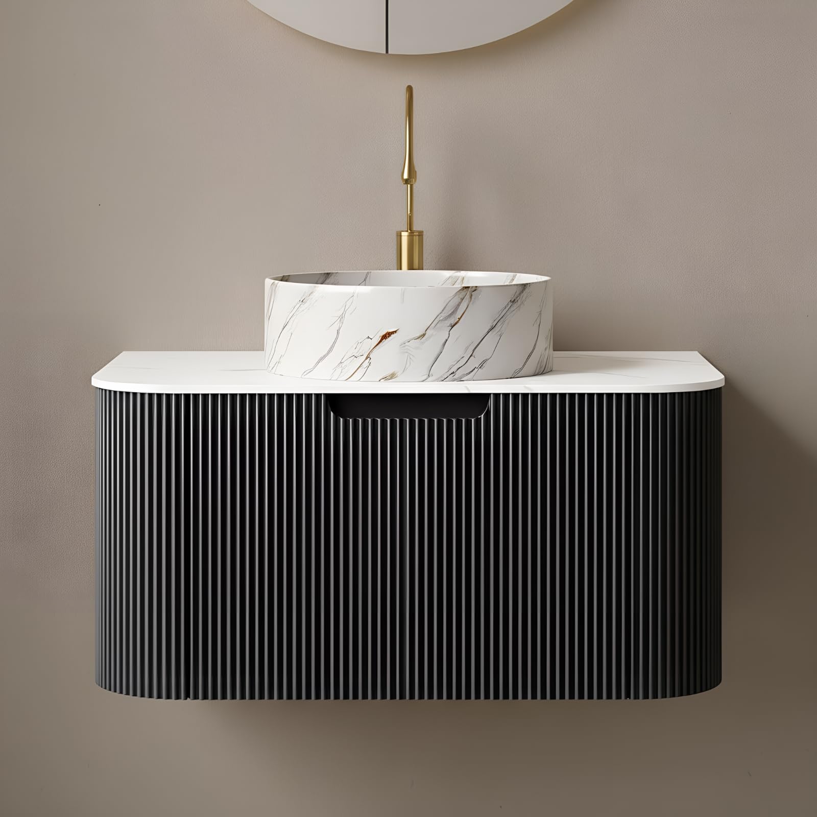 Yayzy 30" Floating Bathroom Vanity with Sink, Solid Wood Fluted Cabinet, White Marble-Patterned Ceramic Basin & Faux Marble Top, Soft-Close Drawer,