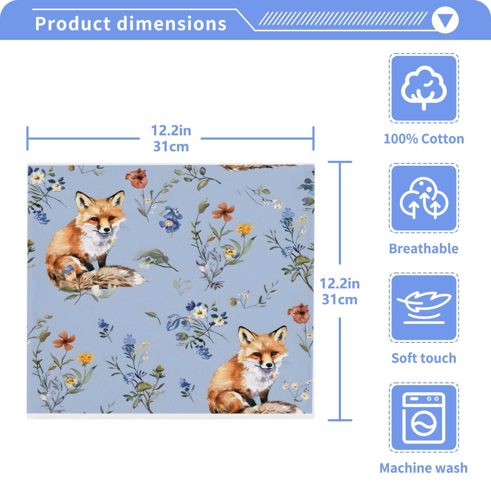 ALAZA Wash Cloth Set 100% Cotton Fingertip Towels Face Cloths Sets Fox Floral Blue Highly Absorbent Soft Feel Set of 2
