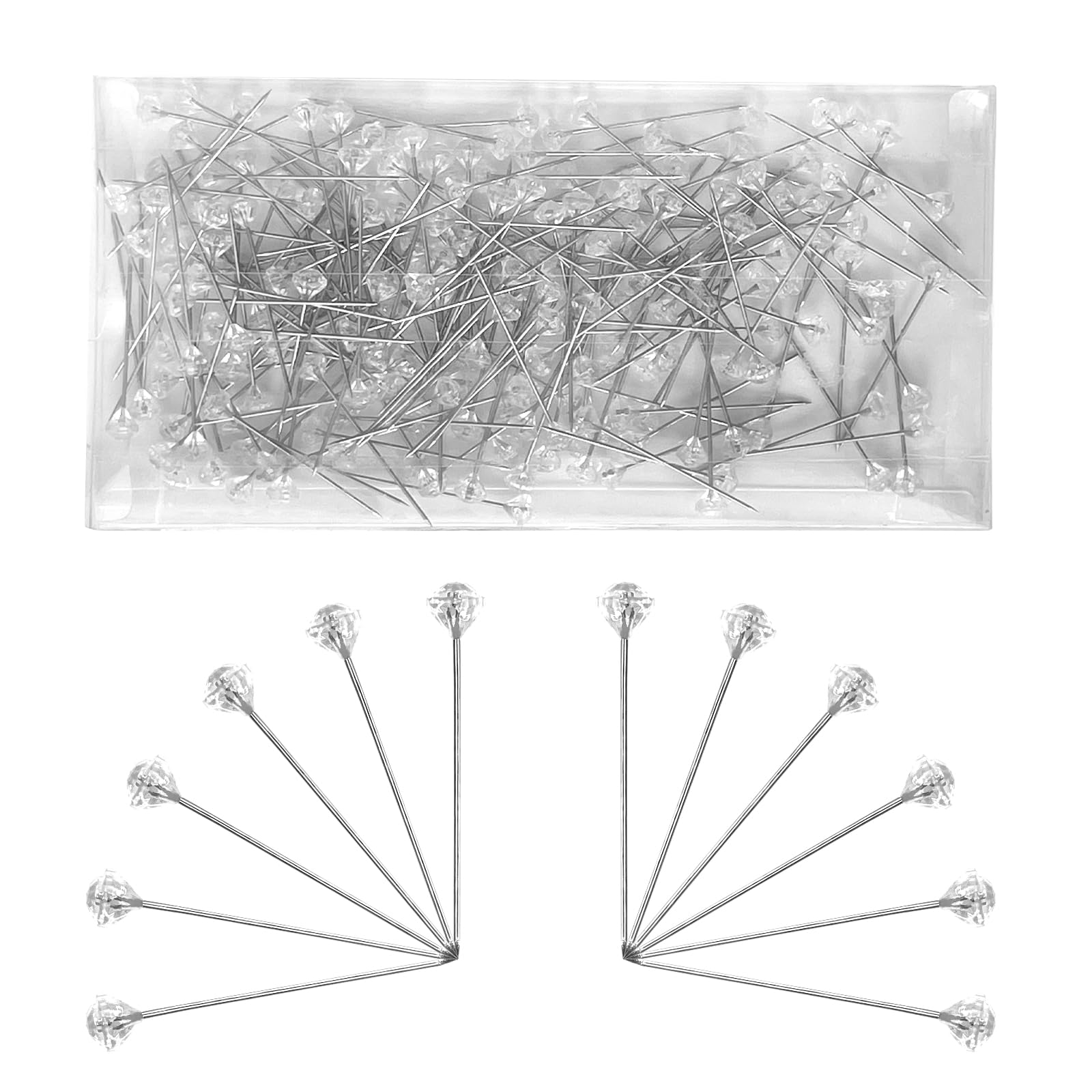 100Pcs Diamond Encrusted Crystal Flower Pins, 39mm Acrylic Diamante Head Floral Pins, Sparkly Clear Diamond Bouquet Pins, Rhinestone Boutonniere Straight Pins, Diamond Corsage Pins for Wedding Jewelry