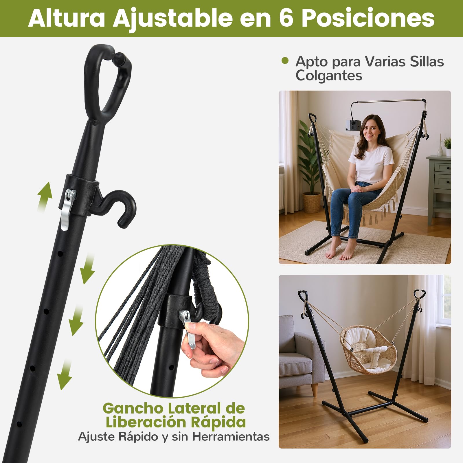 COSTWAY Silla Hamaca con Soporte, Altura Ajustale, Hamaca Jardin Exterior con armazón, Porta Teléfono, Almohada y Bolsillo Lateral, Silla Colgante Interior y Exterior, Máx. 250 KG (Beige)