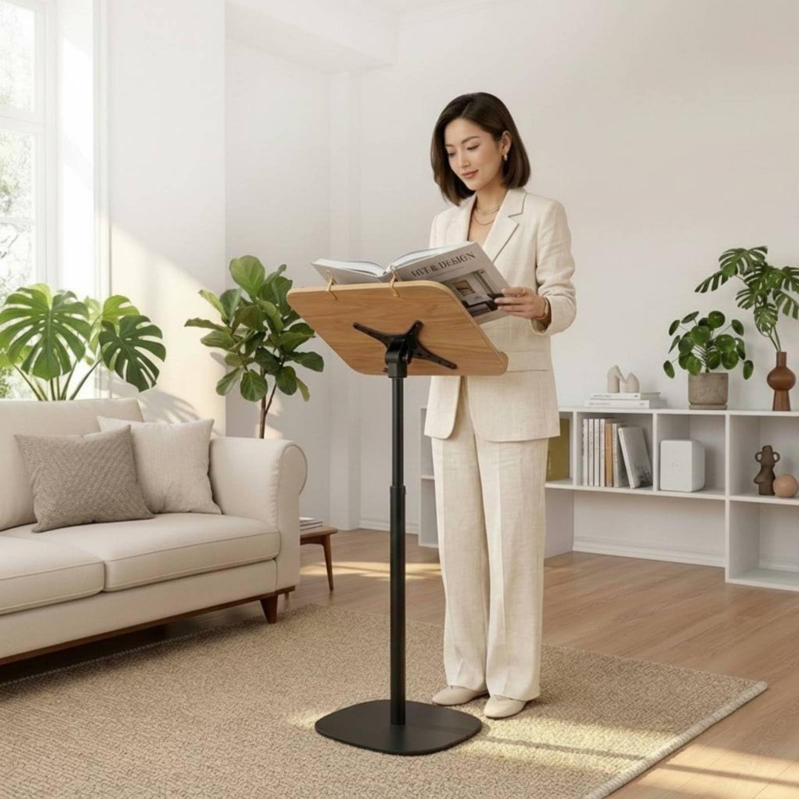 kowaku Atril de Lectura Ajustable Soporte de Libros Atril de Pie Portapartituras Estante de Lectura Combinación Madera y Acero, Soporte De Suelo Elevado, Ajustable De 50 Cm A 1.3 M