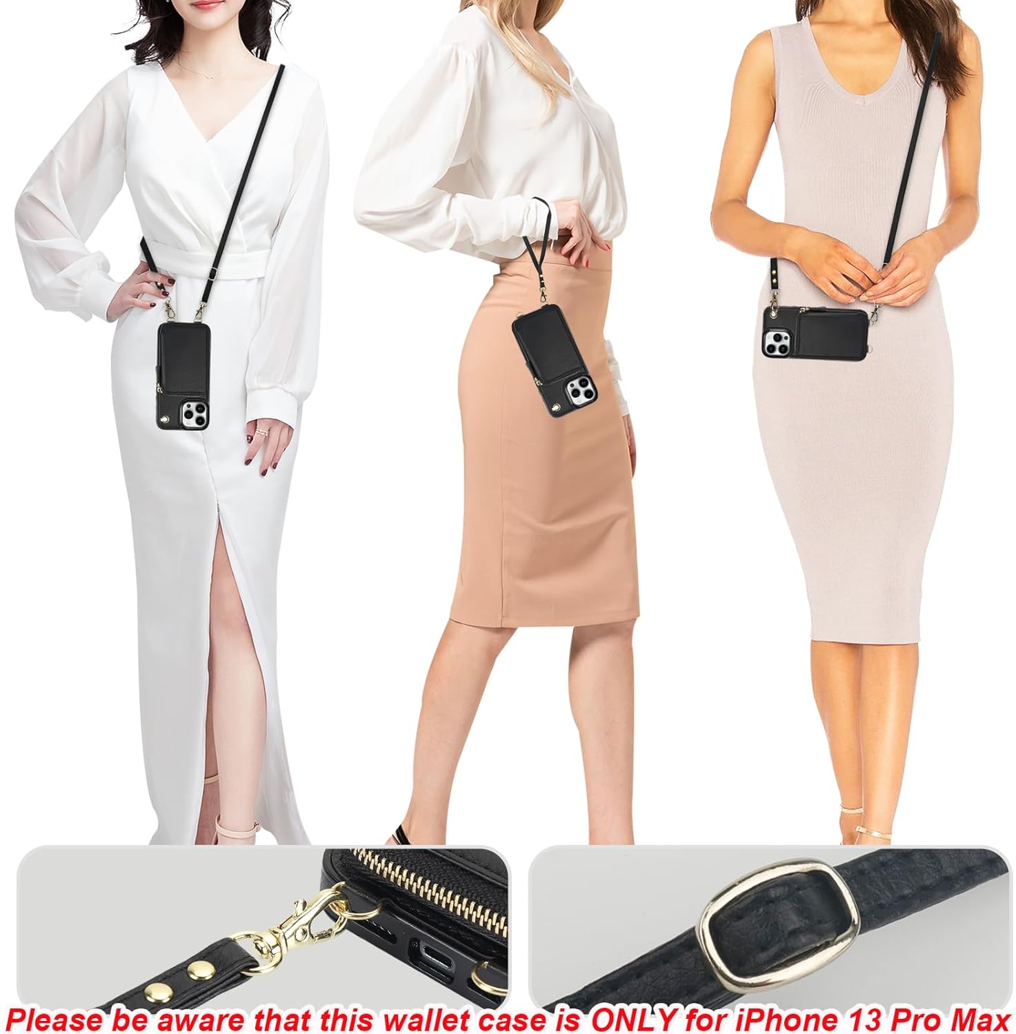 Bocasal for MagSafe Crossbody Wallet Case Compatible with iPhone 13 Pro Max, RFID Blocking Protective Purse Case with Card Slots Holder Kickstand Wrist Strap Lanyard Zipper 6.7 Inch 5G (Black)