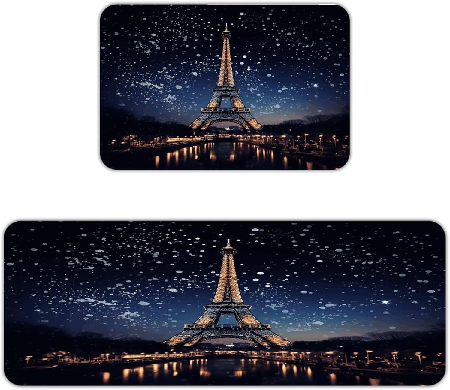 Night Paris Eiffel Tower Kitchen Mat Washable Non Slip Rugs Soft Kitchen Mats for Floor Set of 2 PCS Cushioned Absorbent Runner Standing Rugs for Home Sink Laundry Office