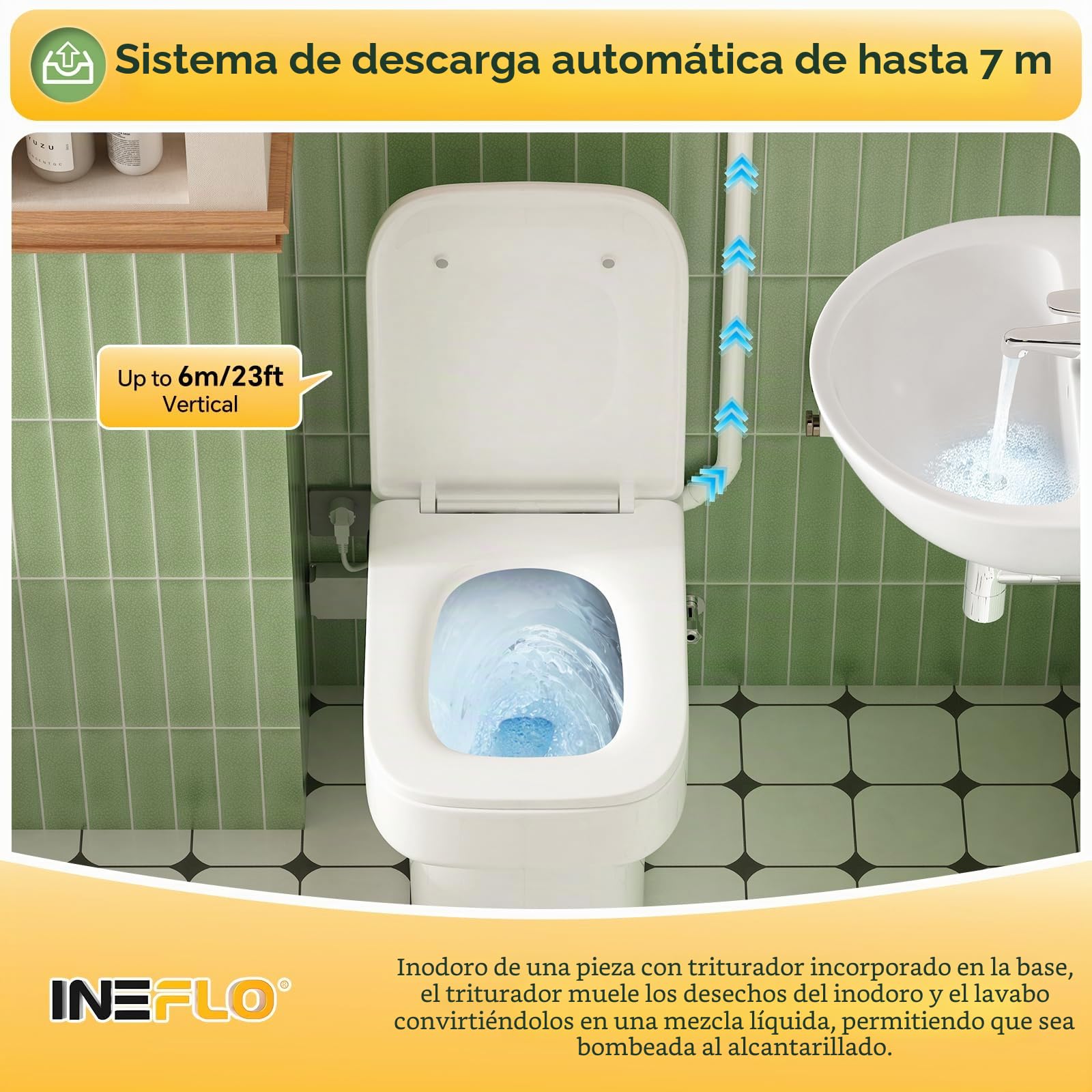 Inodoro compacto de 600 W con bomba trituradora integrada para sótanos, habitaciones pequeñas, desván o baños bajo escaleras, mando a distancia, doble cisterna, 4/5 CV