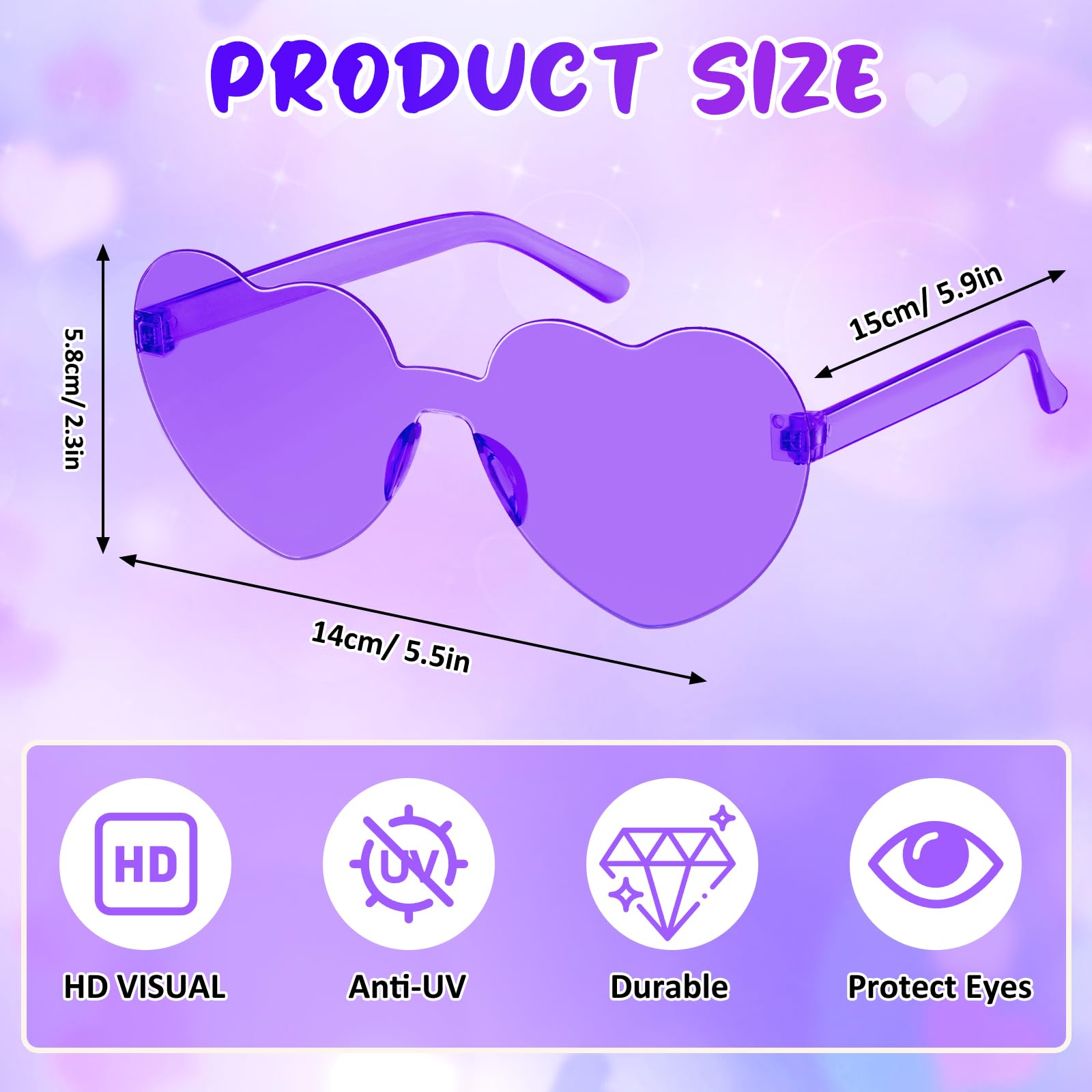 SelfTek 10 Pcs Purple Heart Glasses Rimless Heart Sunglasses Love Heart Shaped Glasses Transparent Colored Heart Glasses Multipack Fashion Funky Eyewear for Women Men Kids - Image 2