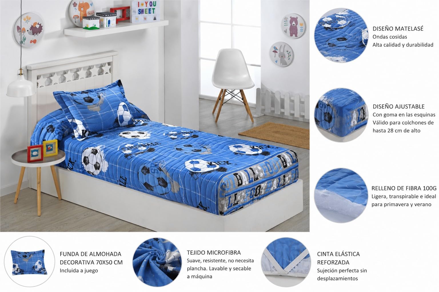DHESTIA HOME Colcha Bouti Ajustable Cama Nido Infantil y Juvenil de Verano Fútbol Quick Color Único Talla Cama 105