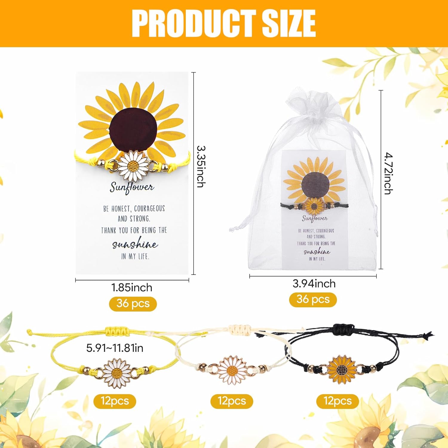36 Set Inspirational Sunflower Bracelets for Women,Sunflower Gifts with Thank You Cards and Organza Bags for Friendship Women Coworker Flower Party Favors - Image 2